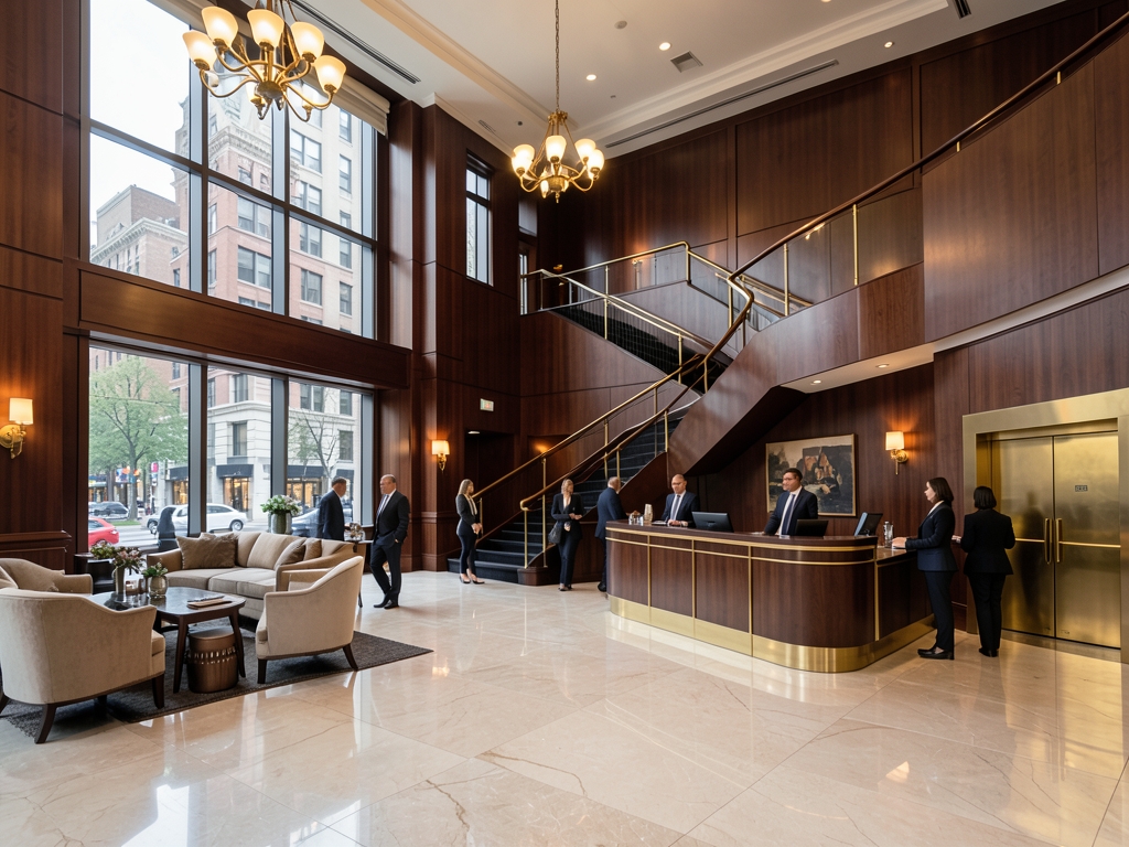 Downtown business hotel lobby soft overcast daylight with