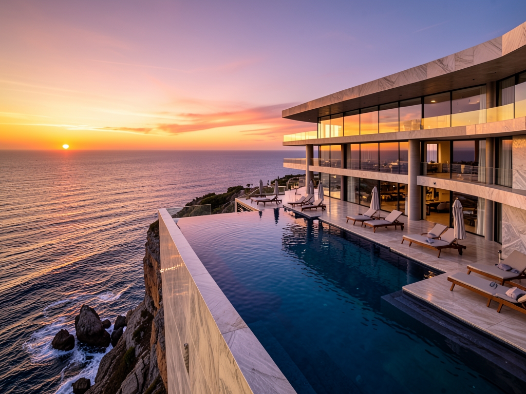 Grand cliffside resort with polished marble infinity pool