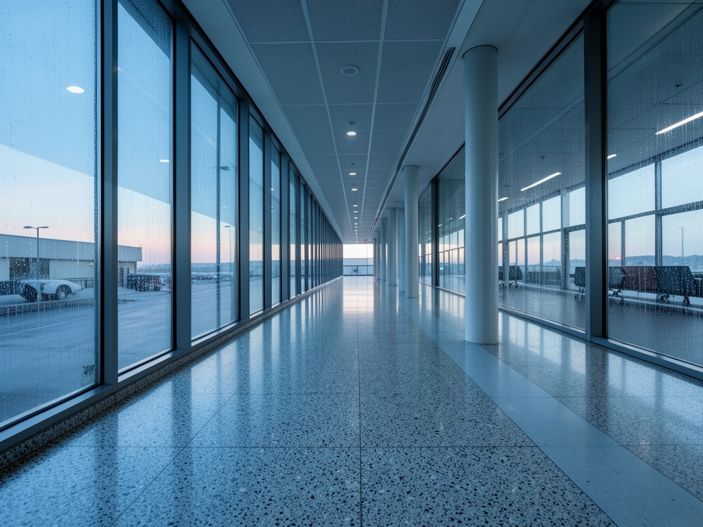 Empty departure lounge beside rain streaked glass concourse parallel