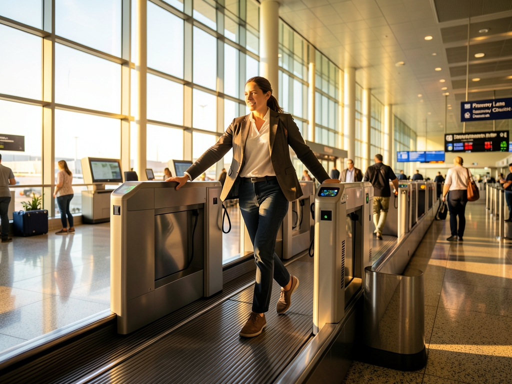 Traveler gliding shoes off through fast moving priority security lane