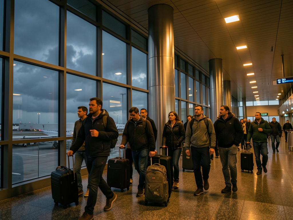 dimly airport terminal dusk stormy gray clouds pressing