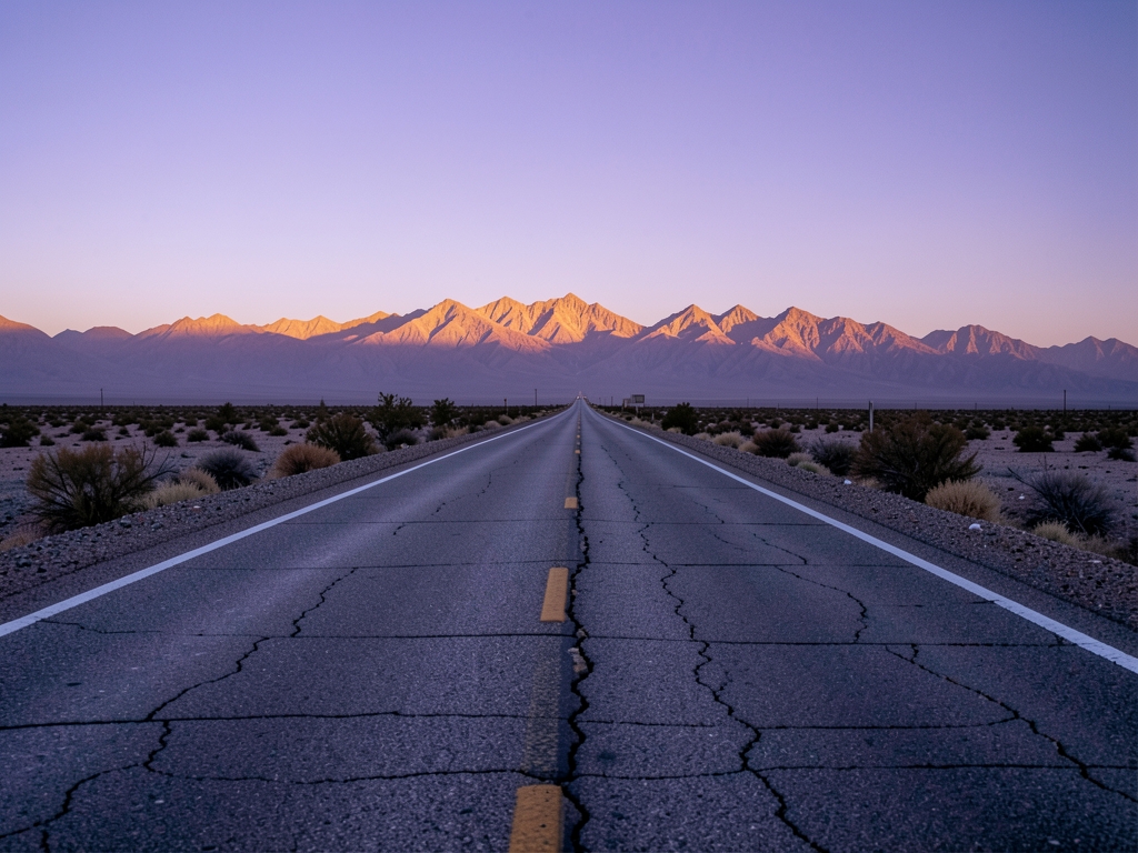 Desert highway dusk leading toward distant mountains soft