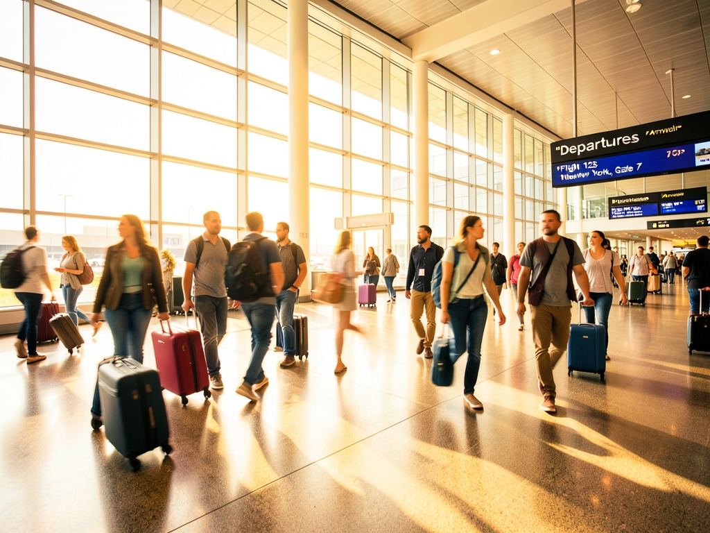 Warm light filled airport terminal with glass walls polished