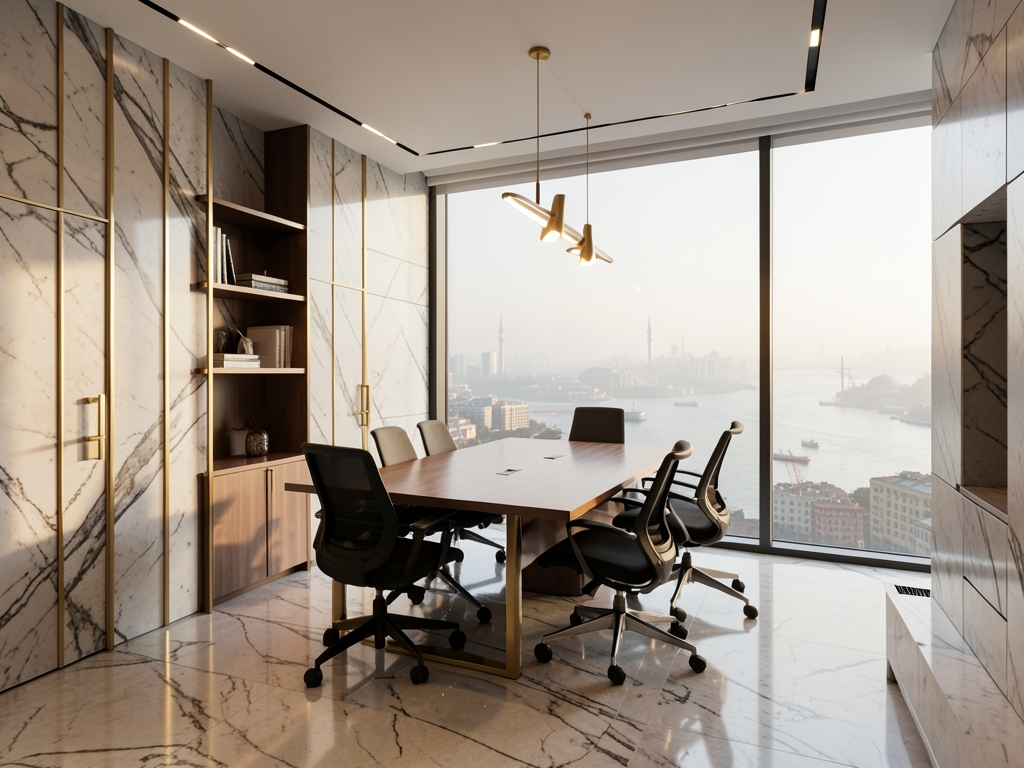 Marble brass textures define modern boardroom interior overlooking