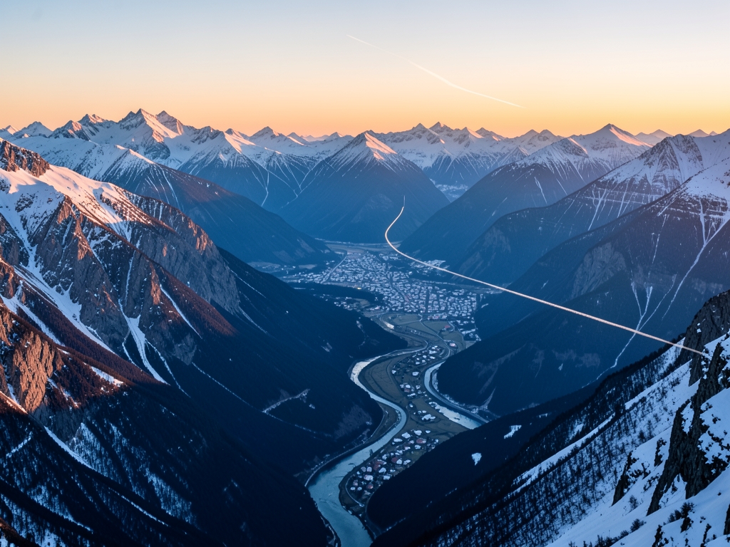 dawn lit aerial approach toward Caucasus snow dusted ridges river