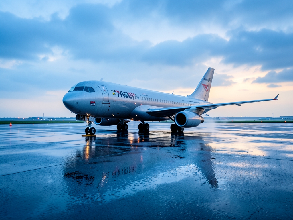Cloudy dawn over sprawling airport runway waiting aircraft