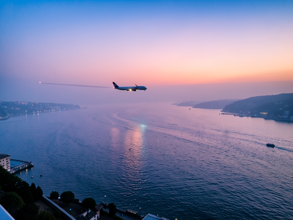 misty twilight view over Bosphorus where rippling water