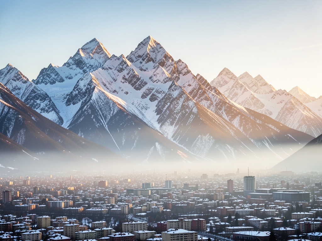 Snow dusted Tian Shan mountain ridges rising beyond sprawling