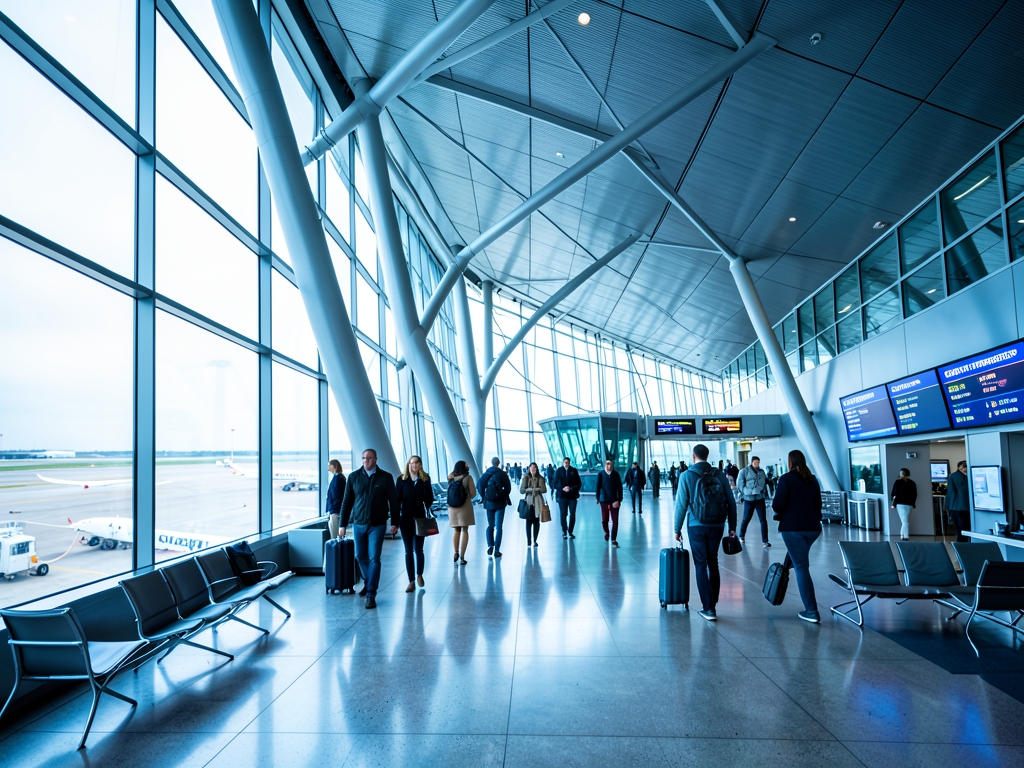 Modern airport terminal with glass walls steel beams
