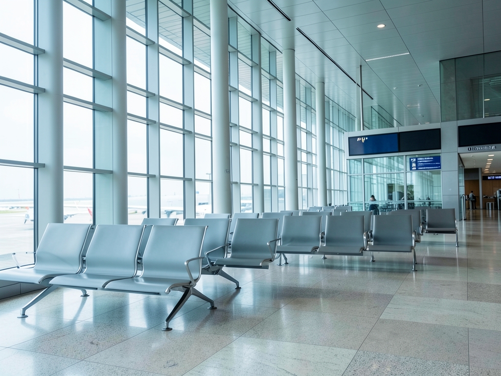 Quiet airport terminal waiting area with rows empty
