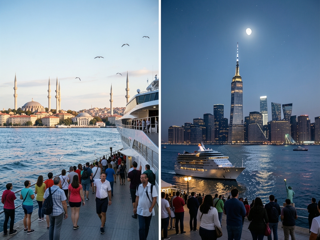 contrasting travel moods across calm Atlantic route bright