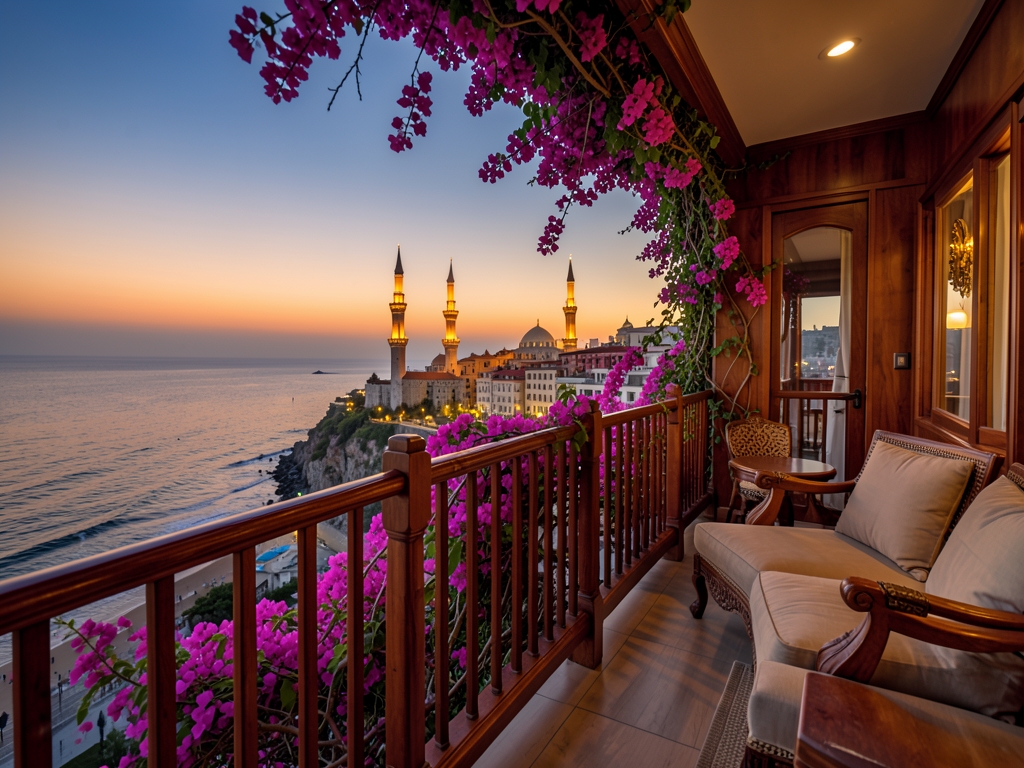 Sunset glow illuminates luxurious balcony suite featuring rich
