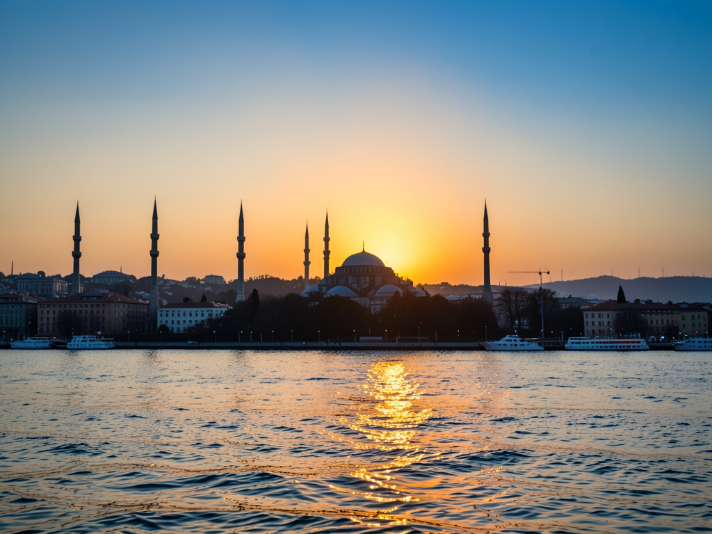 Istanbul skyline dusk with minarets Bosphorus warm haze
