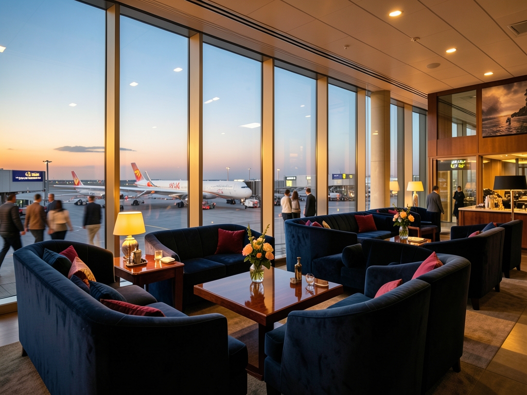 Wide angle shot luxurious private lounge space overlooking bustling