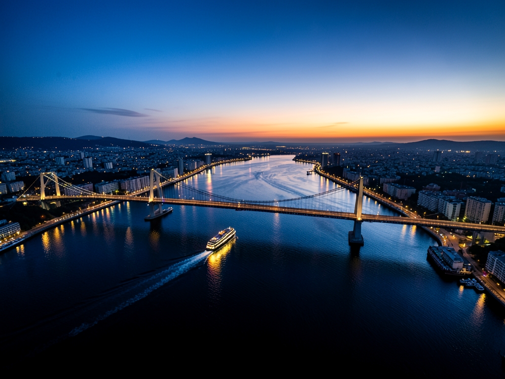 high altitude aerial view Bosphorus strait twilight with suspension