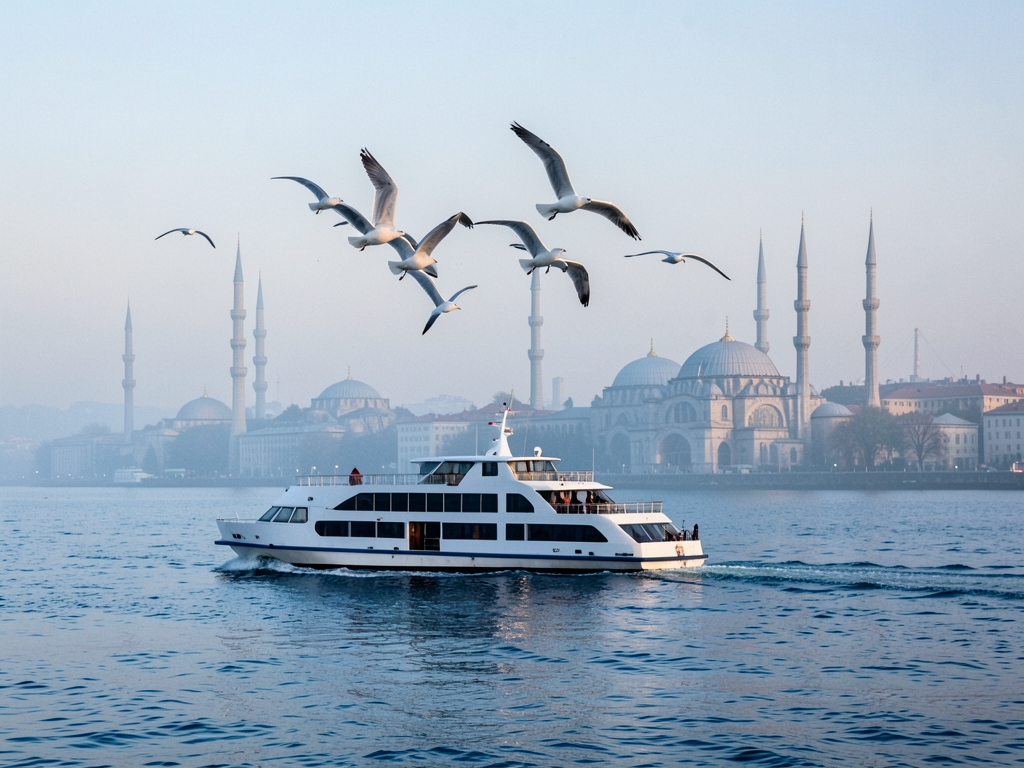 white ferry crossing Bosphorus dawn seagulls wheeling over