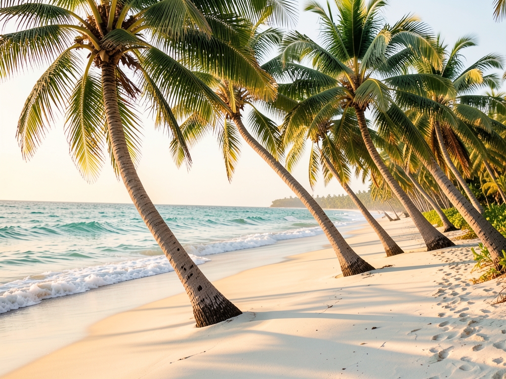 Sunlit tropical beach with swaying palms soft white