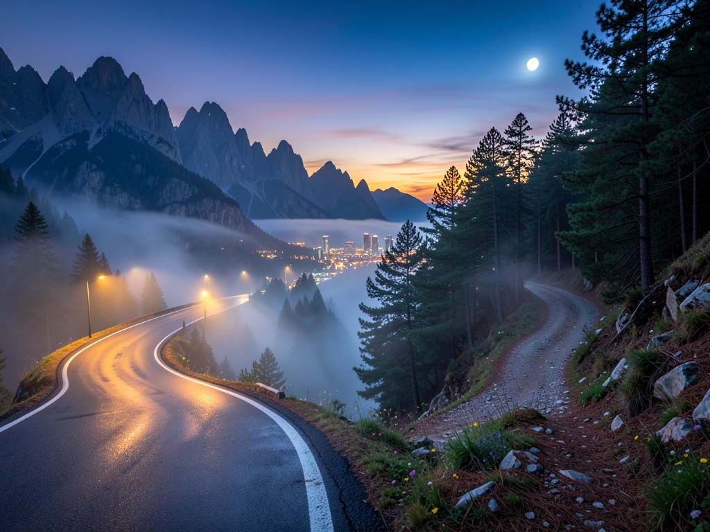 Dramatic mountain pass road winding through misty peaks