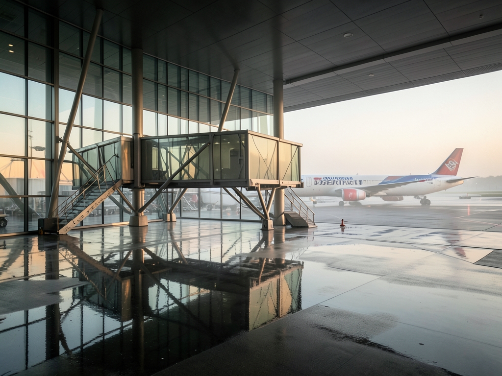 Quiet airport terminal with glass steel bridge misty