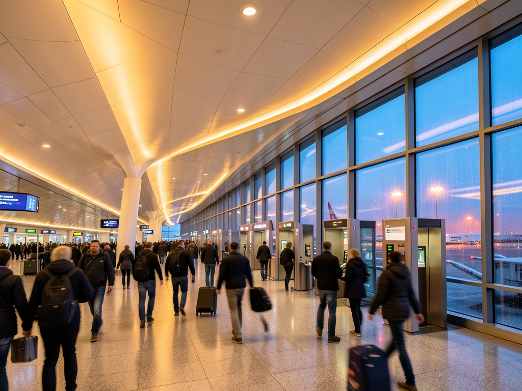 Wide shot busy airport terminal corridor dusk curved
