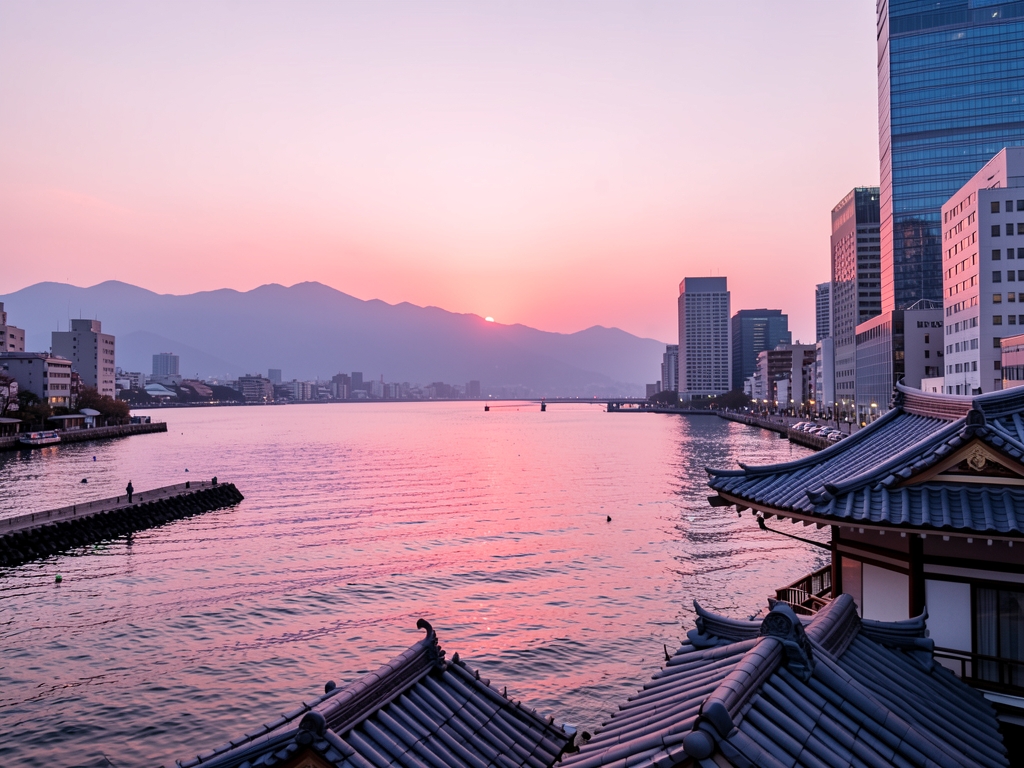 Tranquil Tokyo waterfront sunrise with hazy mountains beyond