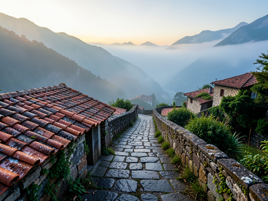 misty mountain village dawn terracotta rooftops glistening with