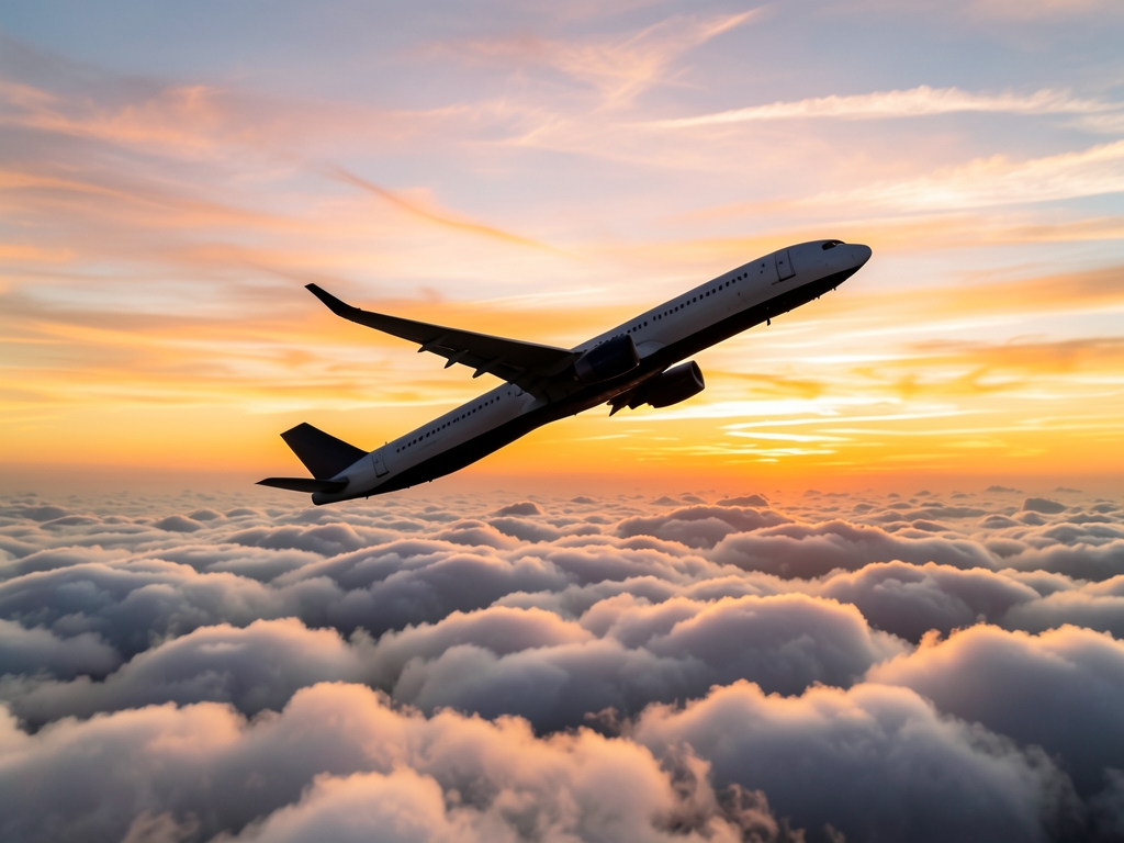 lone aircraft silhouetted against soft amber sunset ascending
