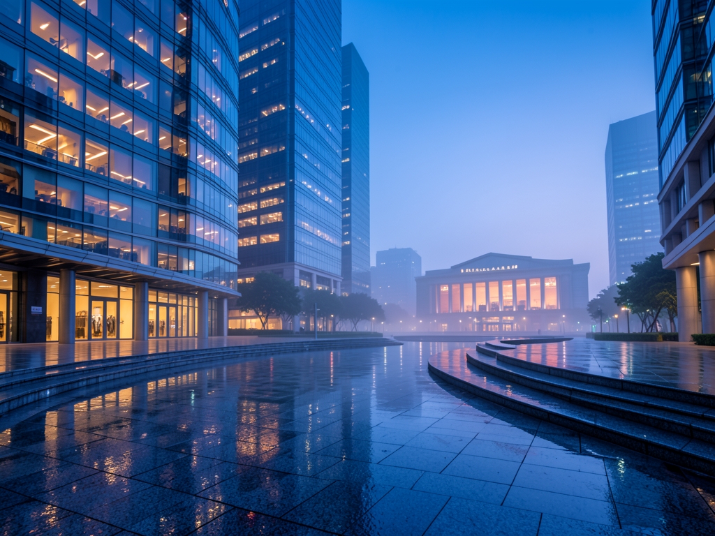 modern Asian business district plaza blue hour rain slicked