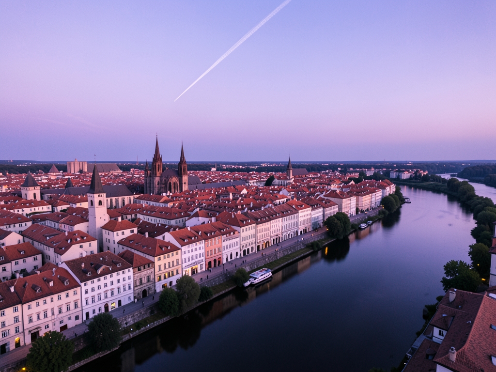 aerial view European city dusk terracotta rooftops church
