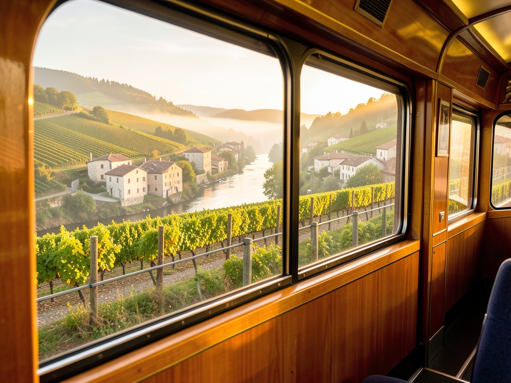 Warm late afternoon light over misty European river valley