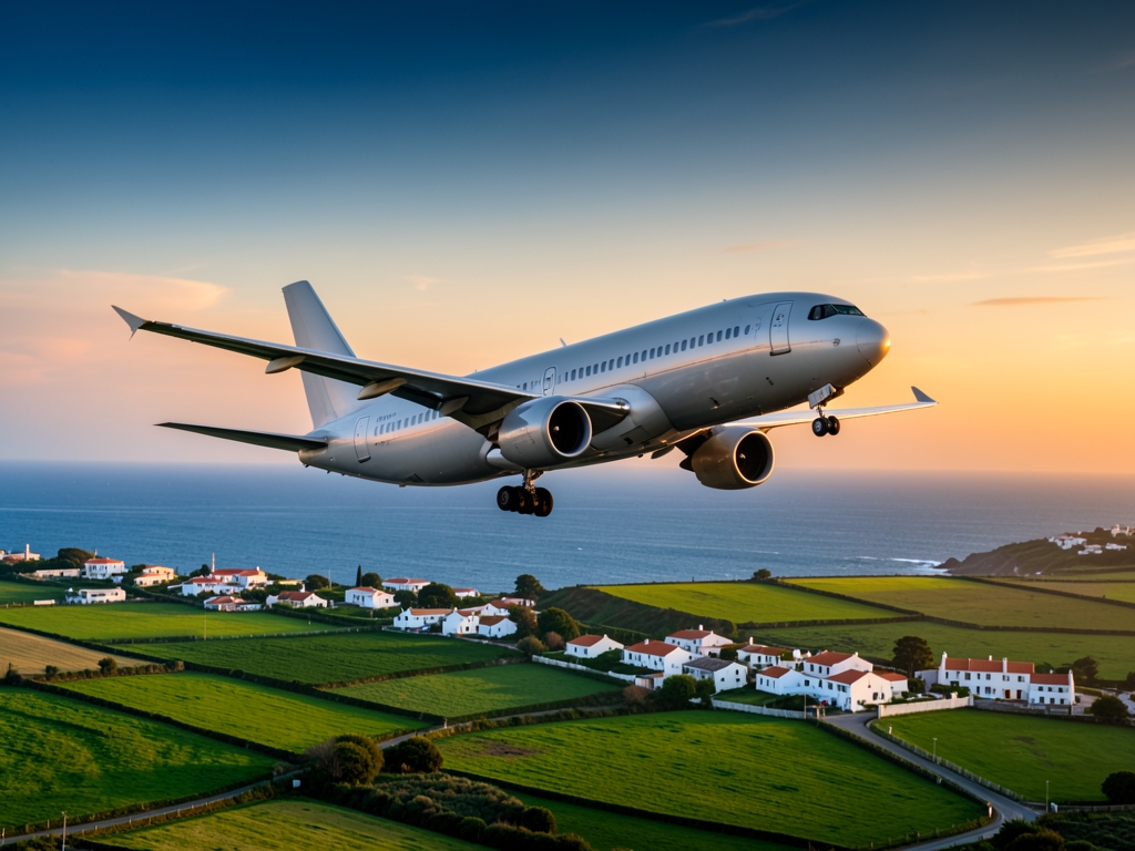 sleek silver airplane gliding above patchwork green fields