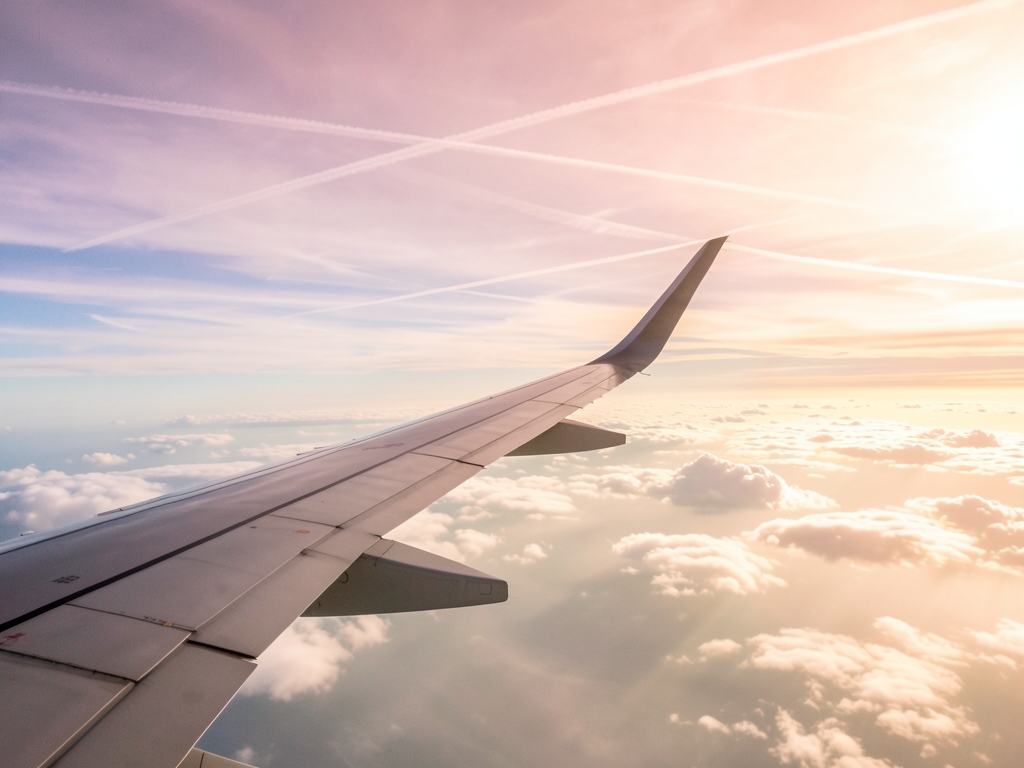 Airplane wing above layered clouds sunrise soft pink gold