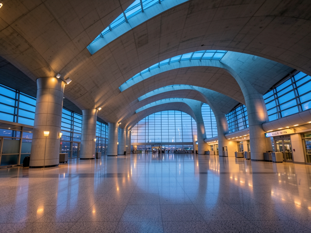 vast airport terminal twilight with pale blue light