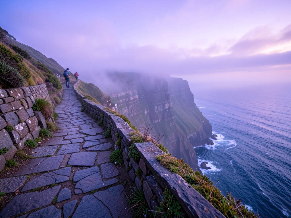 misty coastal cliff dawn with soft lavender light