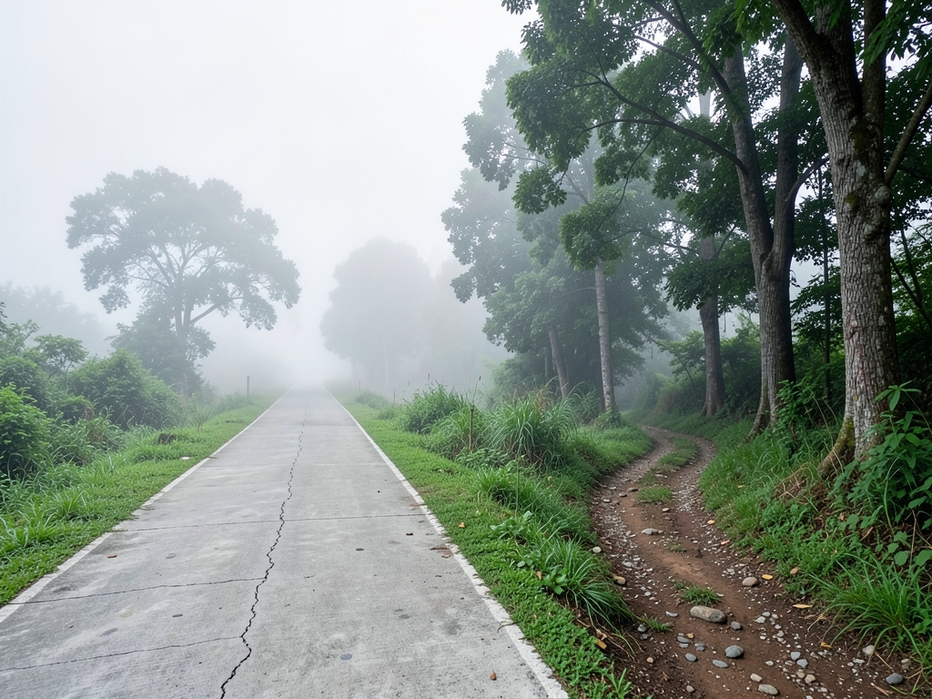 distinct paths diverging through misty landscape paved direct