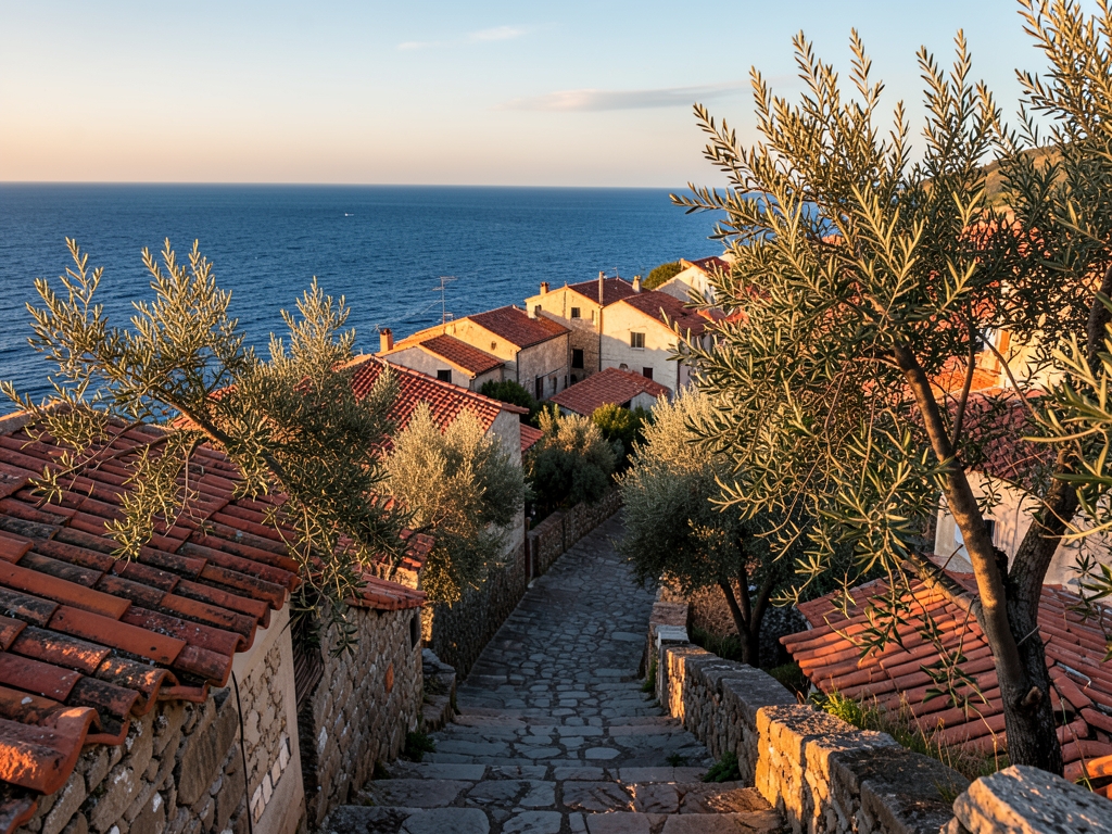 sunlit coastal village golden hour terracotta rooftops glowing