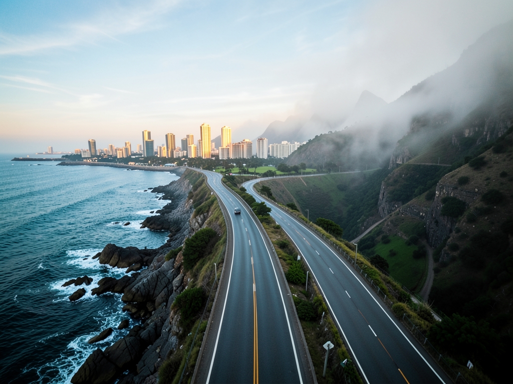 minimalist aerial view winding coastal road with path