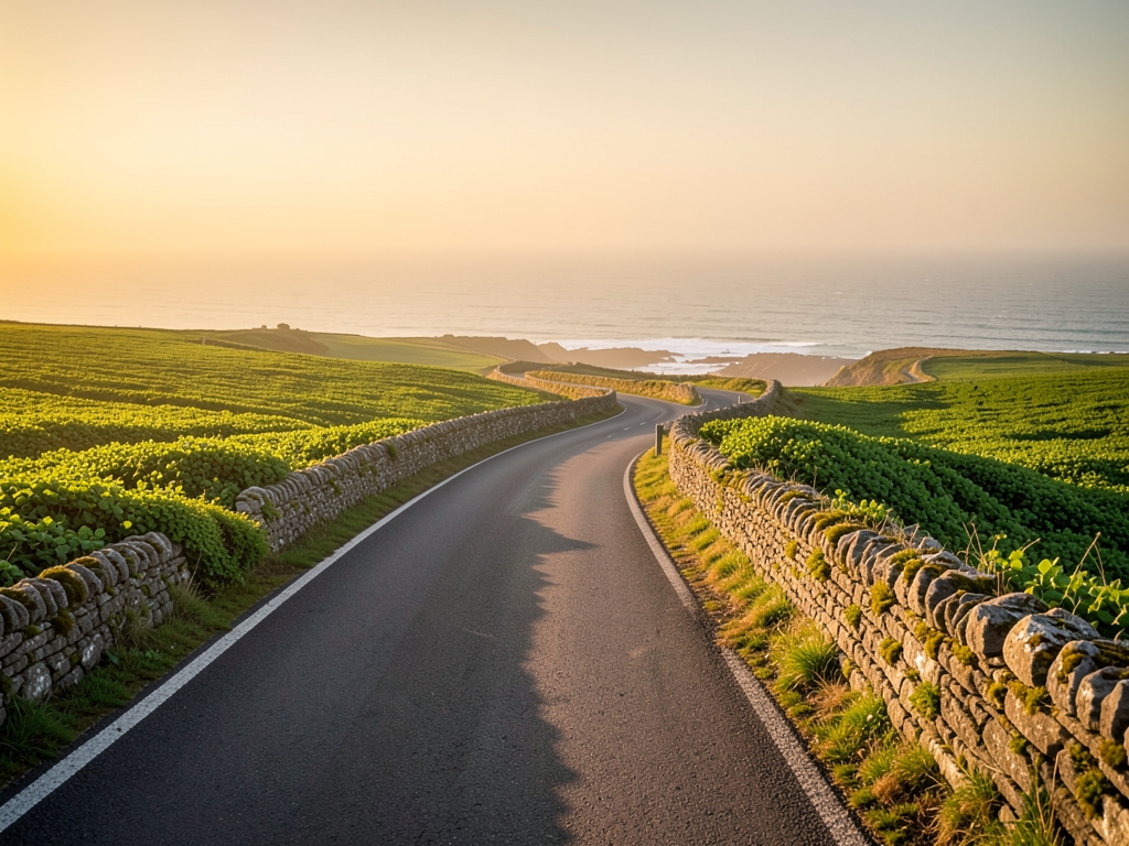 Golden hour glow illuminates winding coastal road flanked