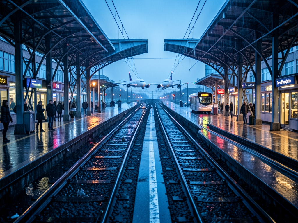 Rainy city transit dusk parallel routes leading toward