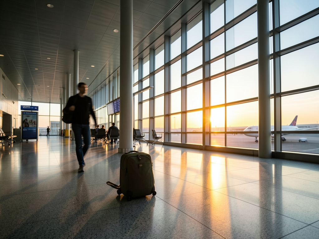 Minimal airport journey sunset modest carry on beside distant