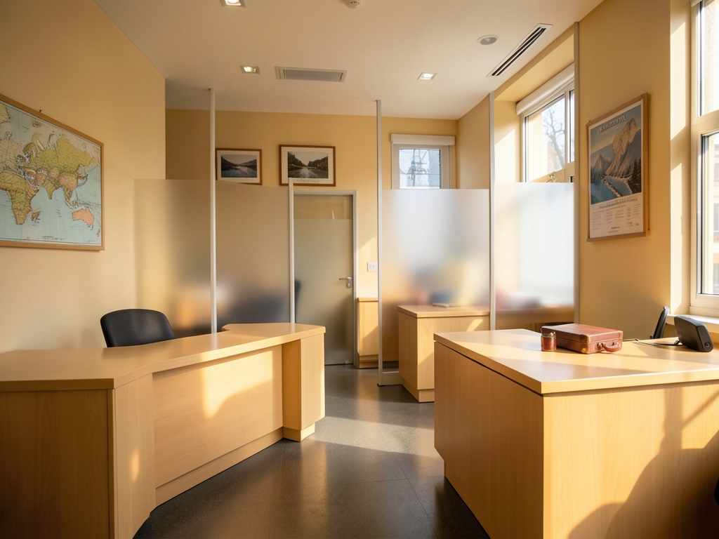 Serene travel agency interior with pale desks frosted
