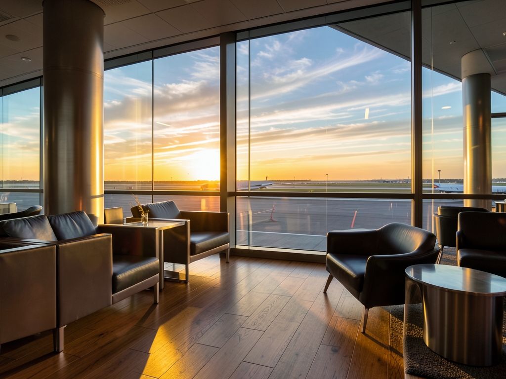 Golden sunset light warms quiet airport lounge with