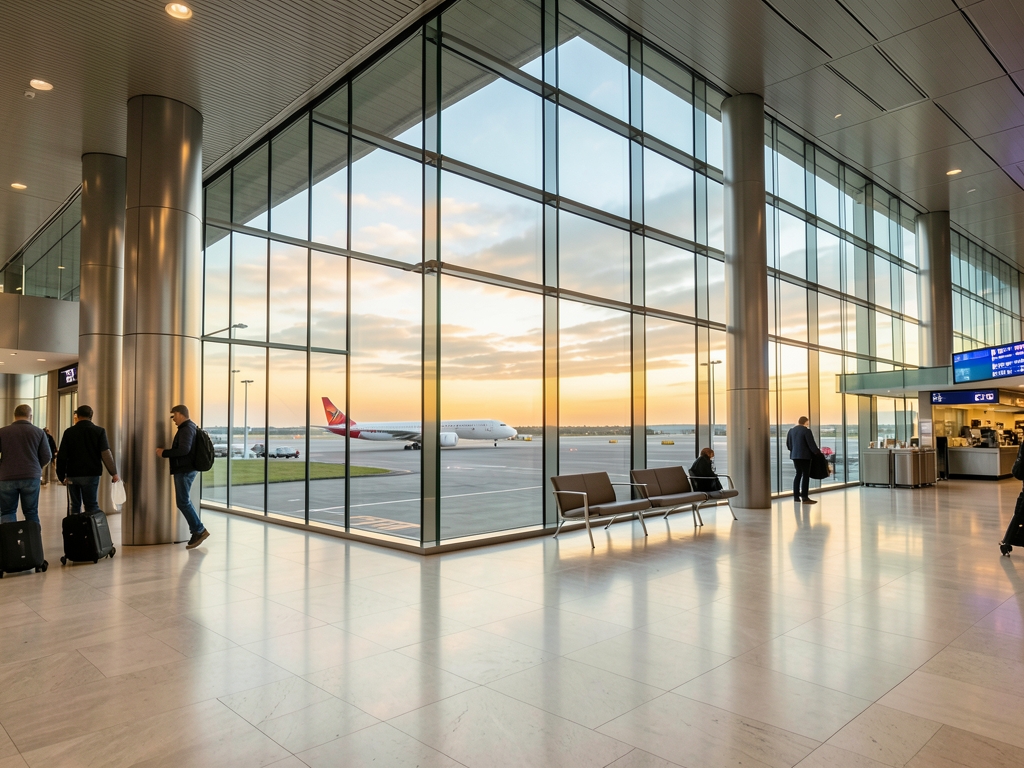 Modern glass airport concourse opening onto distant aircraft