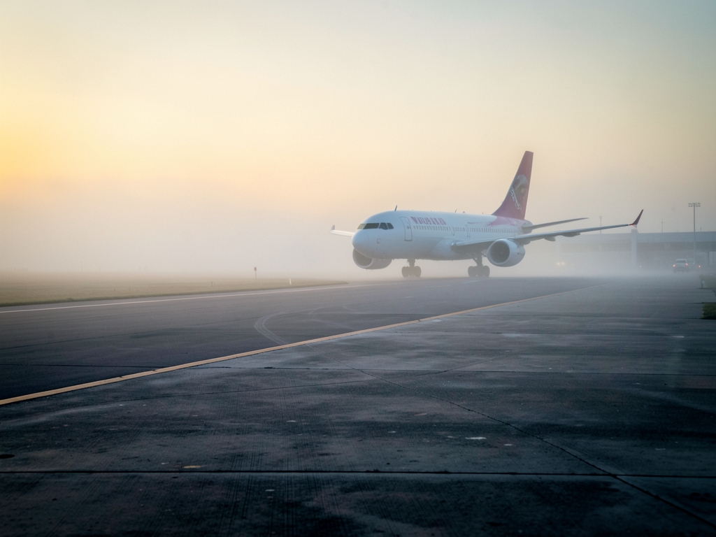 misty runway dawn with low lying rolling over tarmac