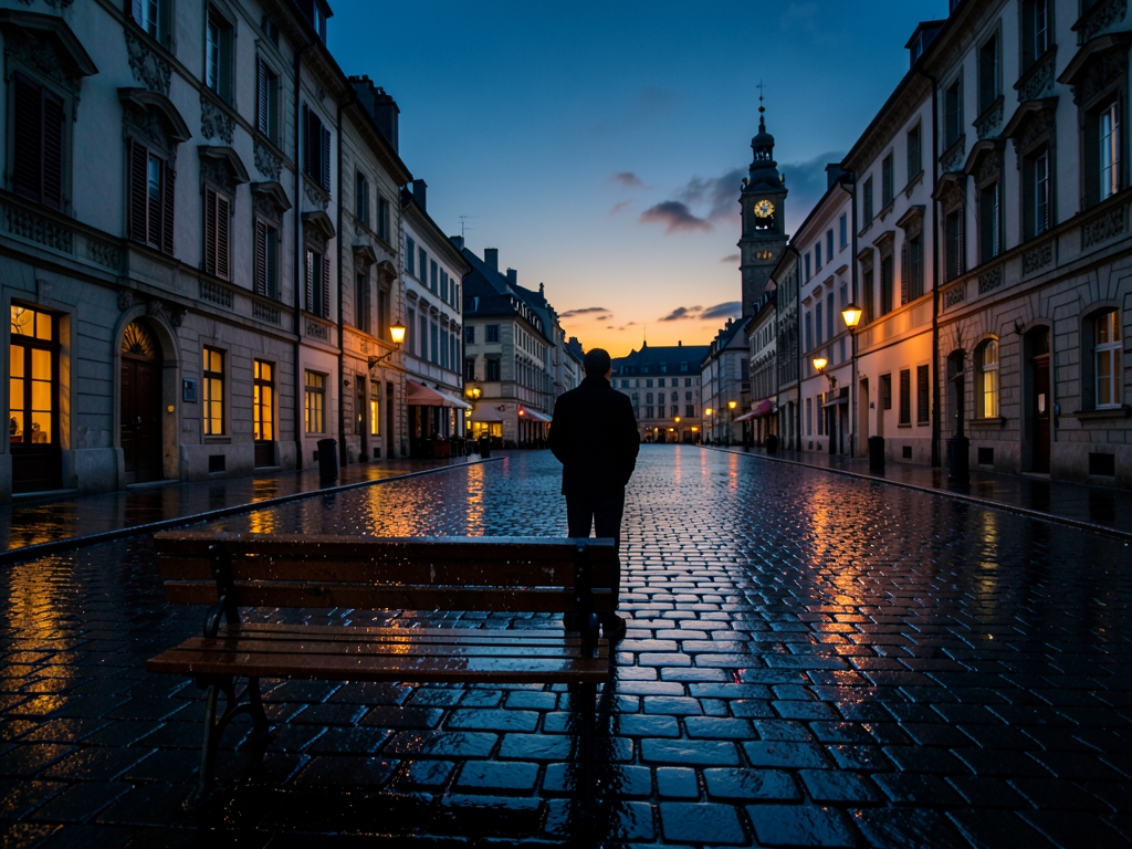 lone traveler s silhouette standing rain slicked cobblestone square European