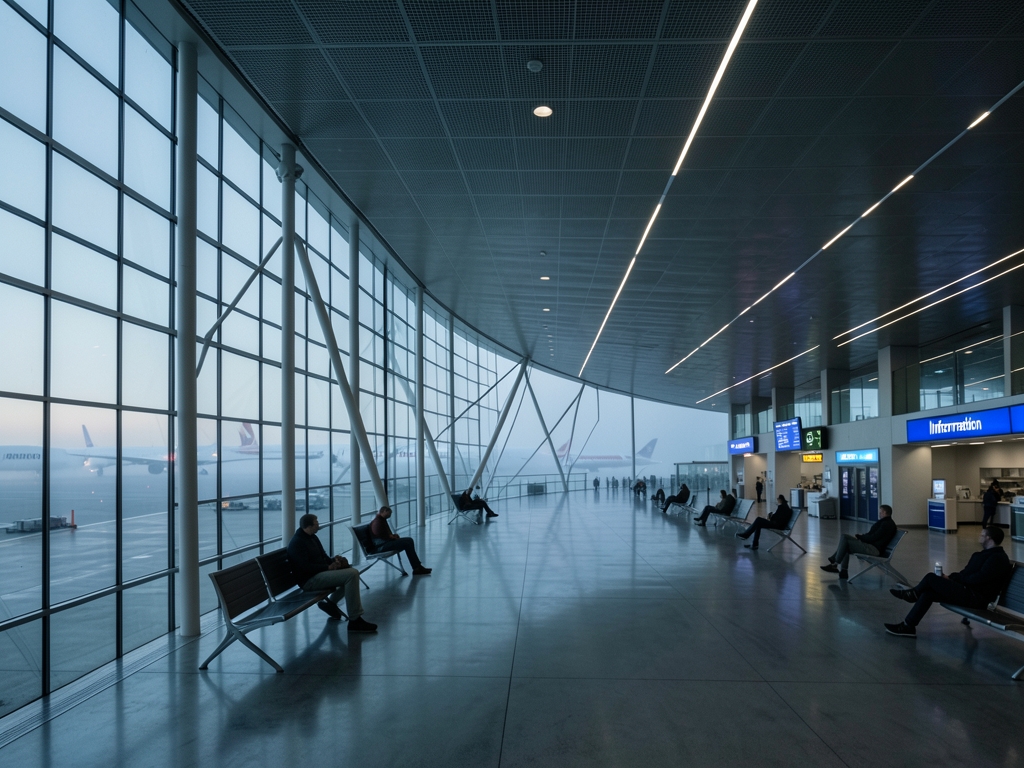 Wide airport concourse dawn soft gray light through