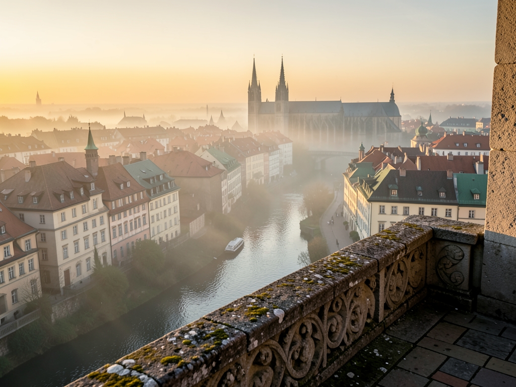 misty European city skyline seen from elevated stone