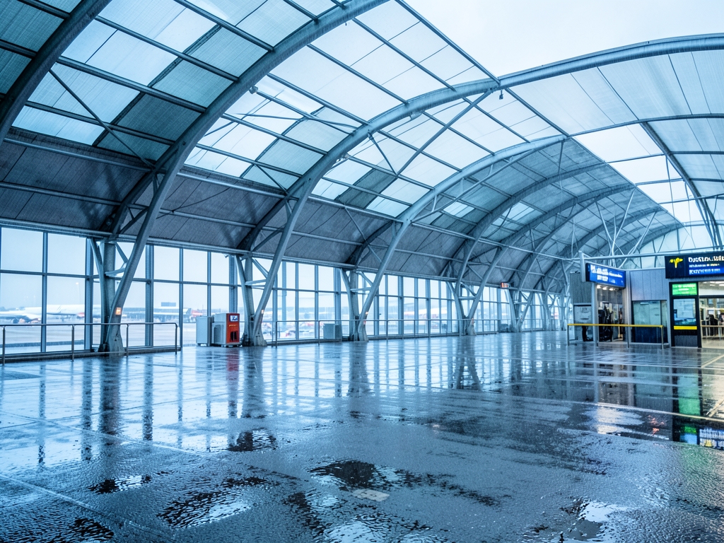 London airport soft morning rain curved steel and glass roofs
