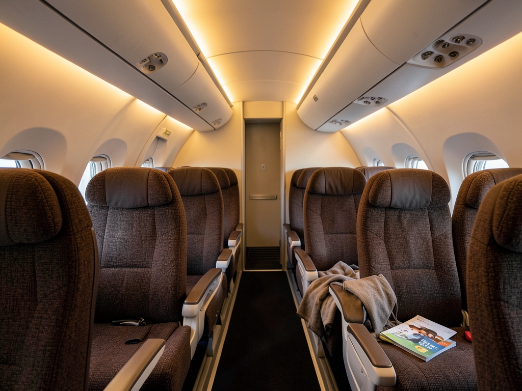 Compact airplane cabin with warm overhead light fabric