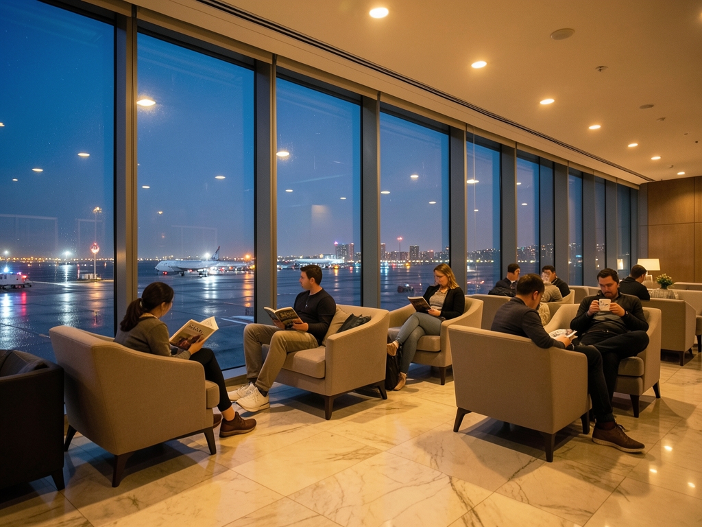 Modern airport lounge dusk floor to ceiling glass overlooking rain slicked